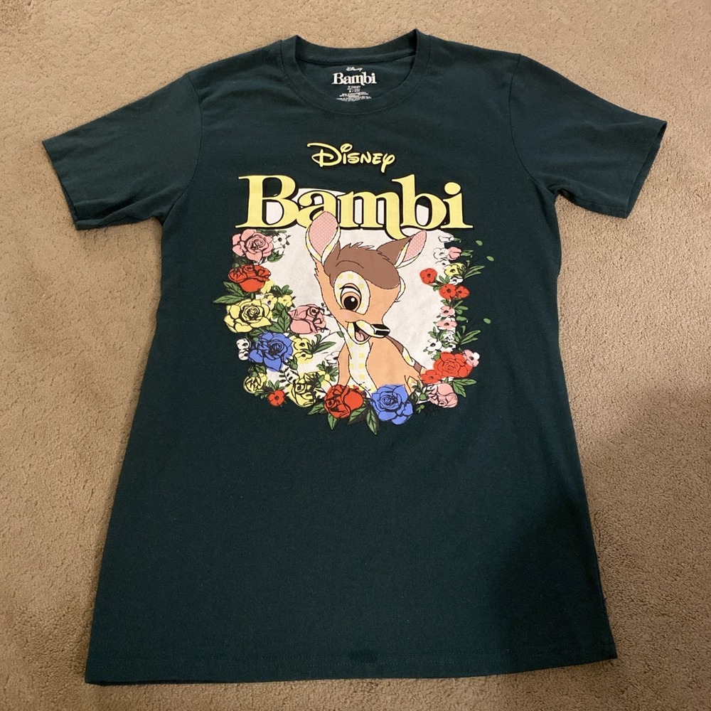 DISNEY WOMEN'S BAMBI GRAPHIC‎ SHORT SLEEVE T-SHIRT GREEN FLORAL SIZE SMALL